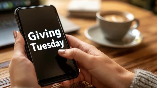 Hands holding a phone with Giving Tuesday message while sitting at a table - Powered by Adobe