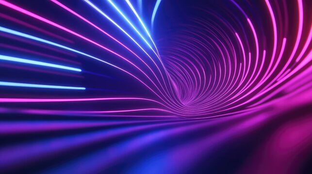 Abstract neon light lines forming a vibrant, twisting tunnel, visualizing data flow, technology, speed, and immersive virtual reality with a dynamic gradient of blue and pink colors - Powered by Adobe