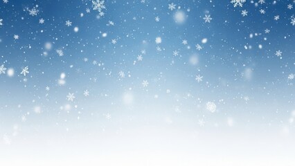 Fototapeta premium Elegant winter background featuring ethereal snowflakes gently descending against a serene blue gradient, ideal for seasonal themes, festive banners, and holiday greeting designs