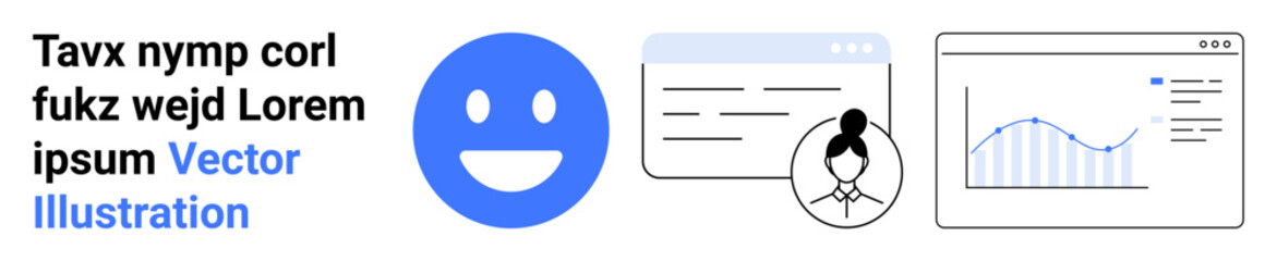 Communication tools, user profiles, data visualization, online interaction, analytics, digital interface. Blue happy face, profile image, chat box and line graph interaction and analysis