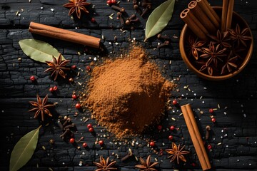 Flat Lay Composition of Asian Five-Spice Powder Ingredients including Star Anise, Cinnamon, Cloves, and Sichuan Peppercorns on a Dark Rustic Wooden Background, Natural Light for Chinese and Asian Cook