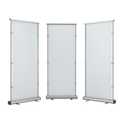 Three Blank Banner Stands Displaying White Banners