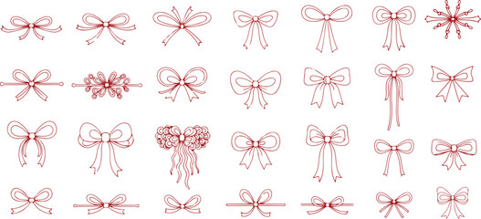 Doodle gift bow with red bows, string and knot for present. Minimalist line art vector for festive birthday party, Christmas celebration and coquette holiday decoration.eps
