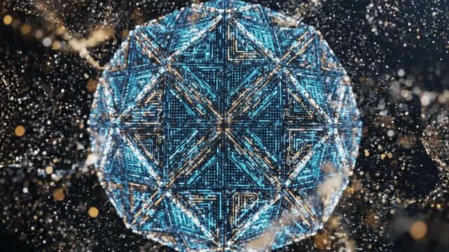 Futuristic Digital Geometric Sphere with sparkling particles and glowing effects