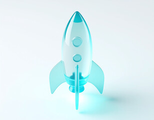 Translucent glossy blue 3D rocket with rounded design, circular windows and fins, standing upright on light background, symbolizing innovation, exploration, progress, and futuristic space technology.