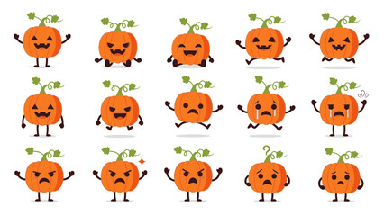 Cartoon pumpkins with various facial expressions and emotions  