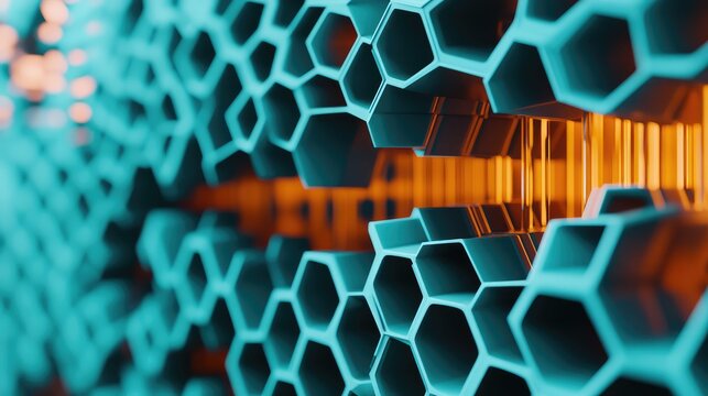Abstract network of teal hexagonal shapes connecting and retracting, revealing warm orange light, representing concepts of data, technology, and futuristic innovation - Powered by Adobe