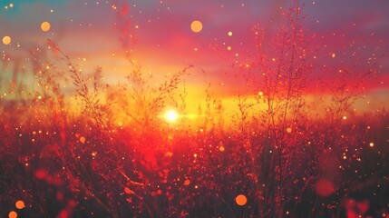 Golden hour sun creating warm light over tall blades of grass with a vibrant sky background, while sparkling bokeh effects float elegantly across the enchanting scene