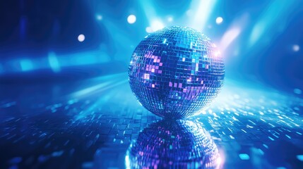 Obraz premium Glinting disco ball creating an energetic atmosphere, reflecting brilliant blue and purple light beams onto a shiny dance floor, symbolizing celebration, nightlife, entertainment, and festivity