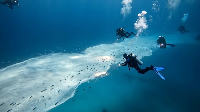 Scuba divers illuminate an underwater brine pool, discovering schooling fish inhabiting the unique hypersaline environment deep in the ocean, showcasing underwater exploration and aquatic adventure