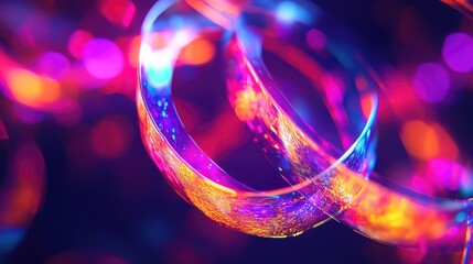 Abstract intertwined glowing neon rings radiating colorful light and energy, creating a dynamic background with blurred bokeh spots reflecting modern technology and connectivity