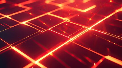 Interconnected glowing red orange lines form a geometric grid, evoking digital data flow, network connections, energy transfer and futuristic technology infrastructure visualization