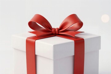 Obraz premium Elegant White Gift Box with Red Ribbon and Bow on Neutral Background