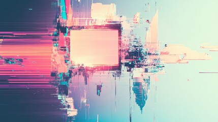 Abstract digital rendering showing a data glitch and corruption effect with a central glowing square element, creating an optical illusion and fractured modern background