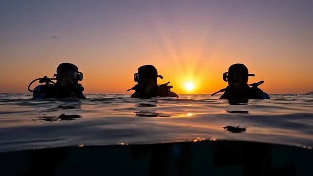 Three scuba divers, wearing masks and gear, surface in calm ocean water, forming a silhouette against a vibrant orange and purple twilight sky during dusk
