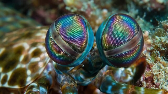 Mantis shrimp compound eyes in vivid iridescent detail, reflecting a rainbow of colors and intricate textures &mdash; close-up marine macro revealing unique vision and reef habitat