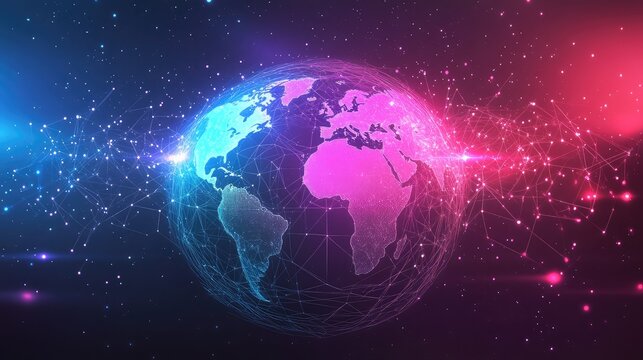 Global network forming a digital data connection across the earth, illustrating concepts of communication, technology, and future international connectivity with glowing lines and points - Powered by Adobe