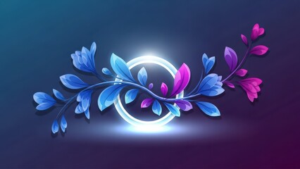 Enchanting glowing floral wreath with vibrant blue and pink blossoms on a dark, ethereal background.