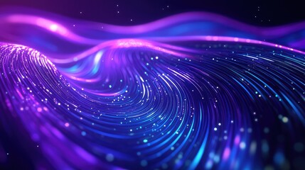 Abstract network illustration showing vibrant blue and purple light particles moving along undulating wavy lines. Representing high speed information transfer and a futuristic technological landscape