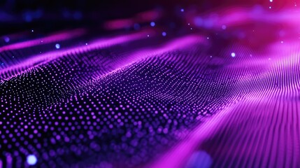 Digital wave surface forms a background with flowing dots illustrating data, technology, network, and ai concepts, featuring vibrant purple and pink light effects and floating particles