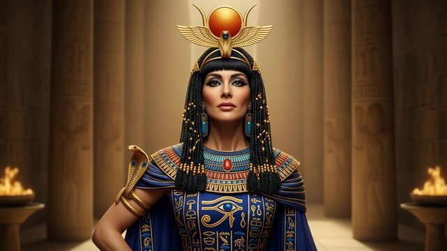 Mediterranean female adult in elaborate ancient egyptian queen attire. She stands regally in a grand temple hall. Ideal for historical and cultural themes