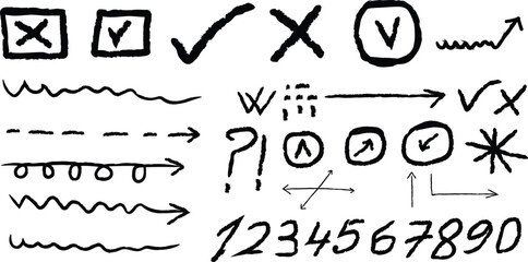 Handwritten symbols and checkmarks collection