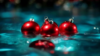 Red christmas baubles on glossy reflective surface with soft blue festive background and bokeh lights. Concept of holiday decoration and celebration