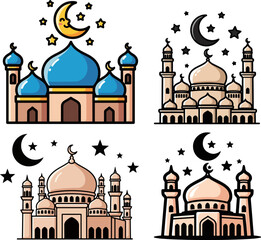 Set of Cartoon Islamic Mosque Buildings with Crescent Moons and Stars Vector Illustration