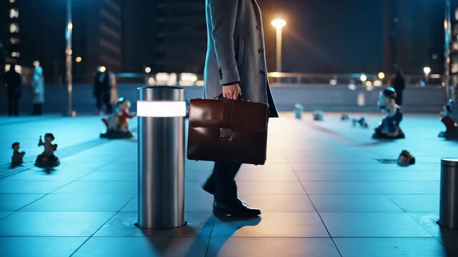 Businessman walks with briefcase on plaza at night. Person carries briefcase past bollard on urban plaza. Businessman with bag walks through city. Night plaza with briefcase and blue lighting.