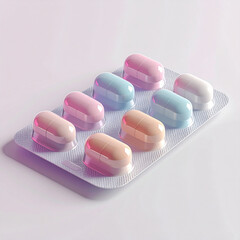 Capsule pills are presented in minimal blister pack with soft pastel medical style
