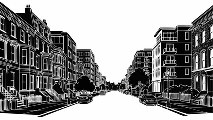 Black and White Illustration of a European Street Scene.