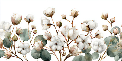 Watercolor cotton flowers arranged as a soft winter top border frame with a cozy festive feel.