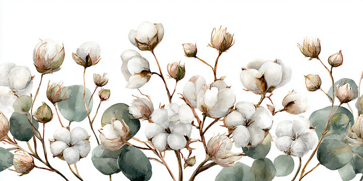 Watercolor cotton flowers arranged as a soft winter top border frame with a cozy festive feel.