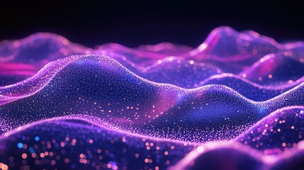 Abstract undulating surface composed of sparkling particles, visualizing data flow, network connections, and the dynamic energy of future technology in vibrant purple and blue