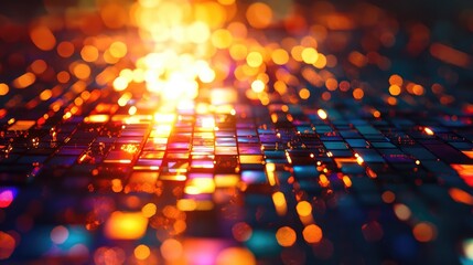 Digital data flowing across a complex circuit board creating a vibrant abstract background with glowing bokeh lights illustrating concepts of internet, technology, and futuristic connections