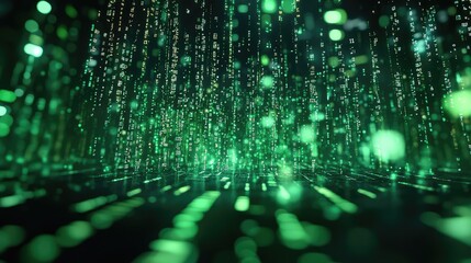 Digital data streams with glowing green characters falling onto a reflective surface, representing concepts like big data, artificial intelligence, and network security