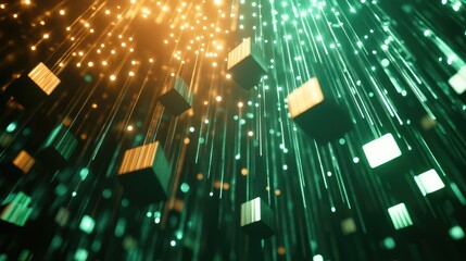 Digital cubes are interacting with flowing multi colored light particles against a dark background, illustrating concepts of data transfer, networking, and future technology
