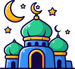 Cartoon Islamic Mosque Building with Golden Crescent Moons and Stars Vector Illustration
