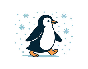 Flat vector illustration of bright walking through soft falling snowflakes winter