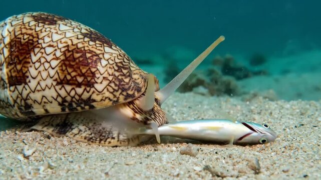 Cone snail extending its proboscis, delivering venom to a small fish on the sandy seabed, creating a cloud of sand during the predatory act underwater