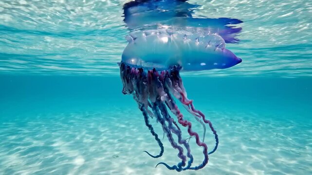 Portuguese man o' war, a venomous siphonophore, floating gracefully in the shallow, clear turquoise waters of the ocean, displaying its long dangling tentacles and inflatable blue sail