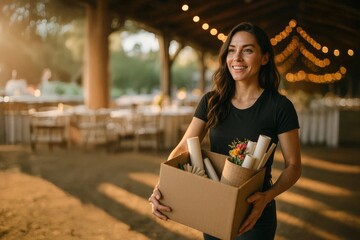 Smiling young woman carrying box of decorations and supplies in warmly lit event venue, preparing for community celebration or charitable gathering.