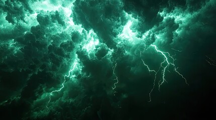 Intense green lightning flashes through a stormy sky, creating a powerful and dynamic scene of dark, turbulent clouds reflecting raw energy and electric power during a weather event