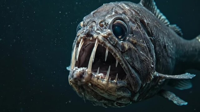 Fangtooth fish swimming in the deep dark ocean, a fierce predator of the abyssal zone with large teeth and a menacing appearance, embodying fear and survival in extreme environments