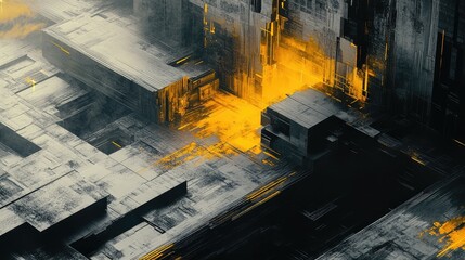 Abstract technology infrastructure featuring complex geometric block structures and glowing orange energy. Representing connectivity. Data flow. And digital processing in a futuristic urban landscape