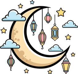 Cartoon Islamic Crescent Moon with Hanging Lanterns Stars and Clouds Vector Illustration