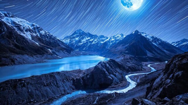 Vibrant full moon glowing above a majestic mountain range creating a beautiful reflection on the tranquil lake and winding river under a sky filled with star trails from long exposure