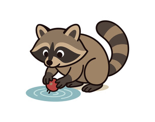 Flat vector illustration of bright raccoon washing berry small puddle gentle ripples