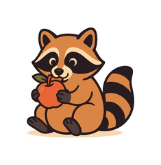 Flat vector illustration of bright raccoon holding an with both paws and nibbling