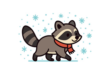 Flat vector illustration of bright raccoon walking through falling snowflakes wearing tiny scarf